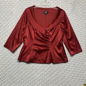 Adrianna papell Top Blouse Romantic‎ Women Sz 16  Red V-NeckRuff 3/4 Sleeve